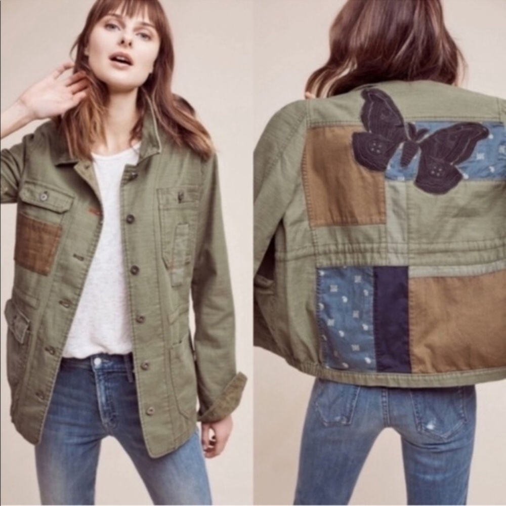 Anthropologie Hei-Hei Butterfly Patchwork Military Green Utility Jacket